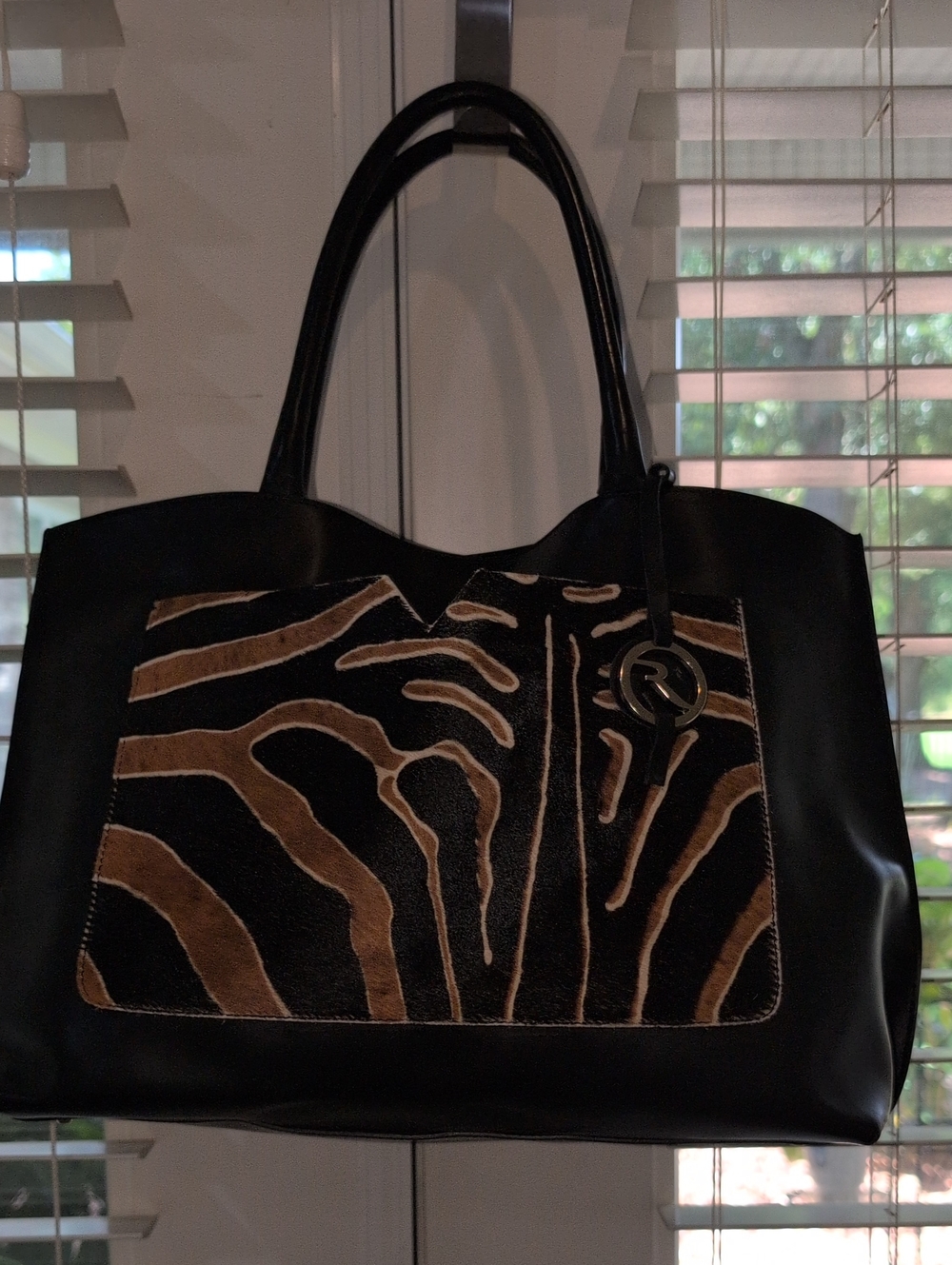 Varriale Black Leather Italy Tote With  Calf Hair  Animal Print Panel